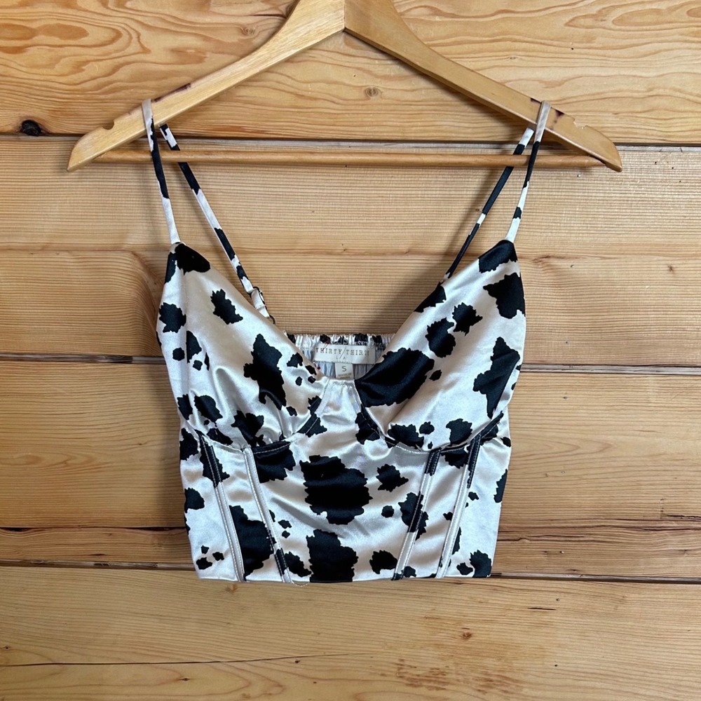 Cow Print Satin Bustier Corset Top Womens Small Black White THIRTY THIRTY